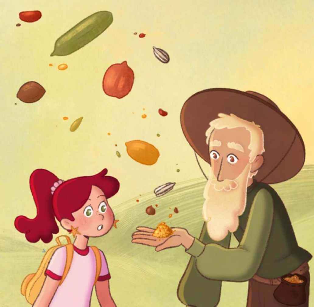 Ilustración niña y campesino